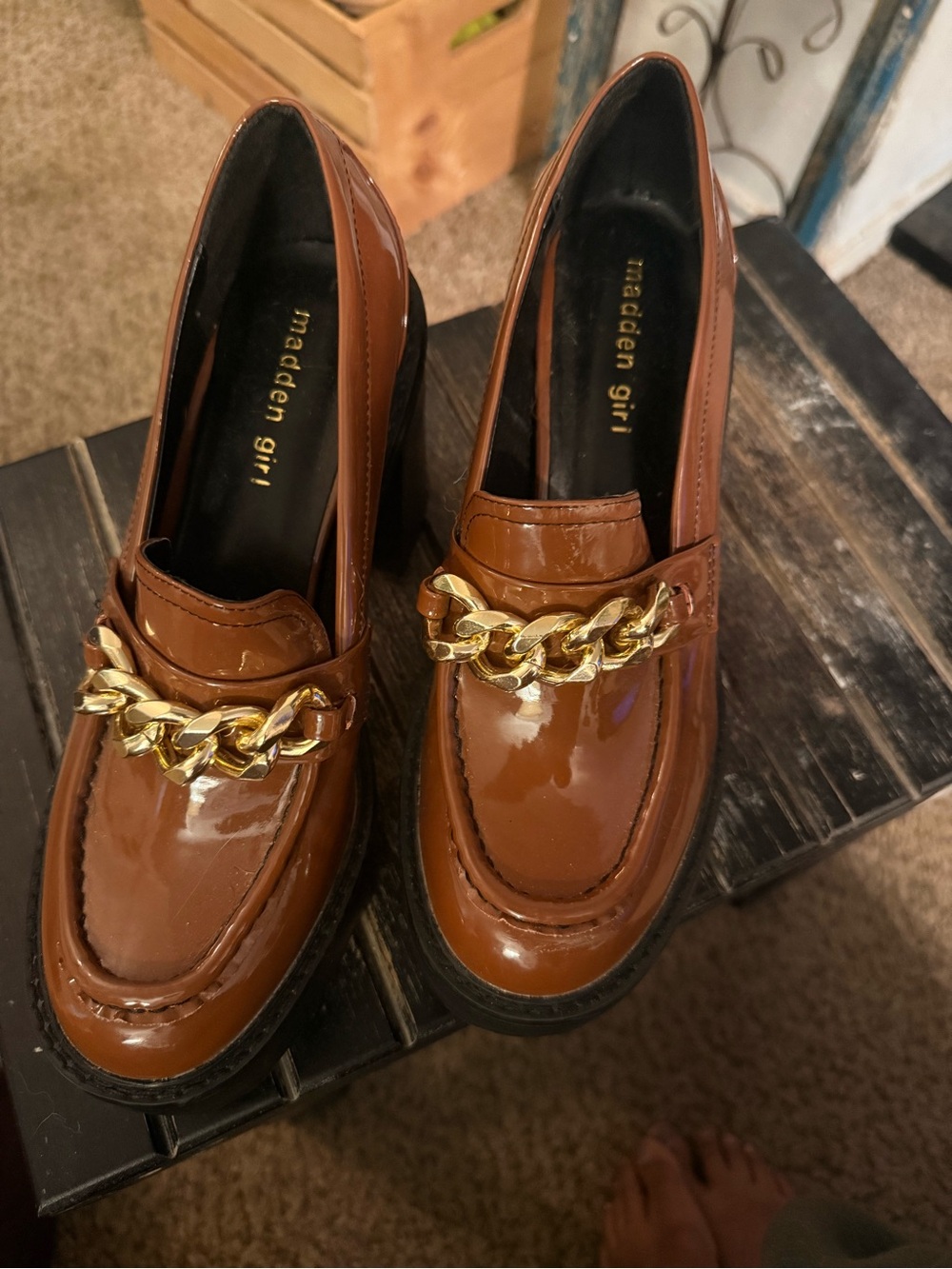 Madden Girl Brown Patent Loafers with Gold Chain Accent